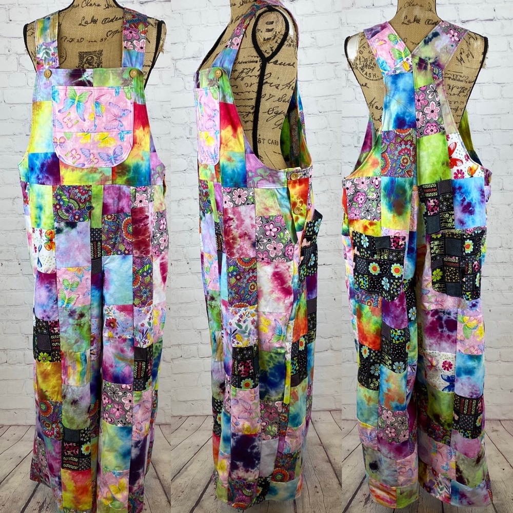 Multicolor Patchwork Tie-Dye Overalls Jumpsuit